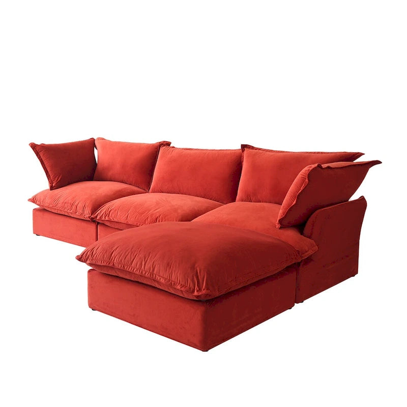 Canapé d'angle en velours 3 places avec méridienne, rouge/vert/bleu/orange