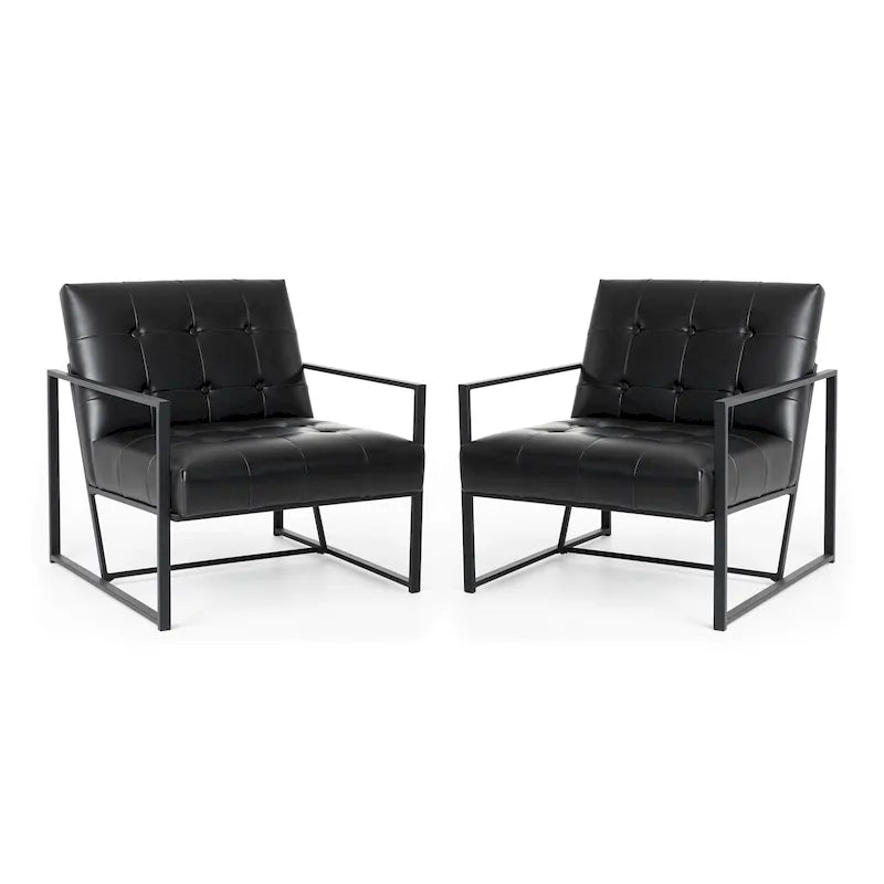 Fauteuil d'appoint capitonné en cuir synthétique, style milieu de siècle, lot de 2 – Noir / Marron / Vert / Beige / Camel / Crème / Marine