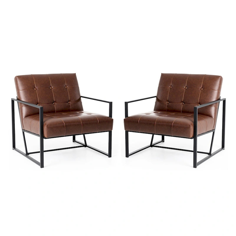 Fauteuil d'appoint capitonné en cuir synthétique, style milieu de siècle, lot de 2 – Noir / Marron / Vert / Beige / Camel / Crème / Marine