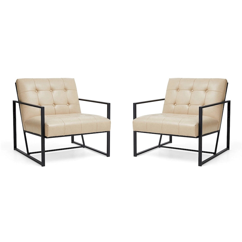 Fauteuil d'appoint capitonné en cuir synthétique, style milieu de siècle, lot de 2 – Noir / Marron / Vert / Beige / Camel / Crème / Marine