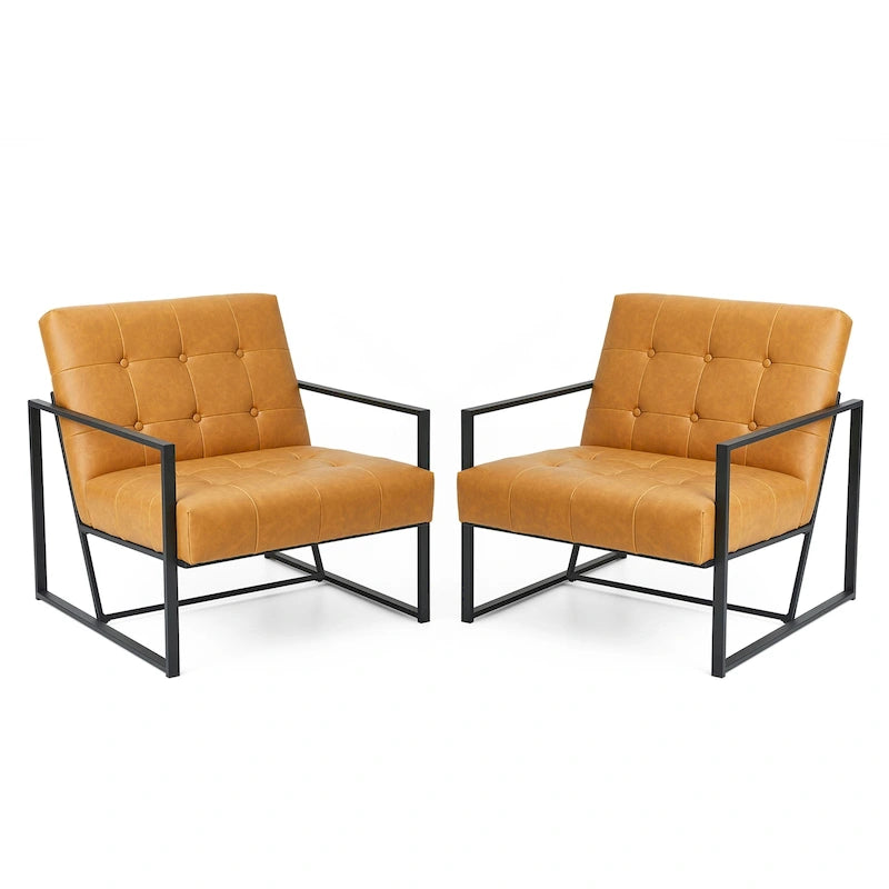 Fauteuil d'appoint capitonné en cuir synthétique, style milieu de siècle, lot de 2 – Noir / Marron / Vert / Beige / Camel / Crème / Marine