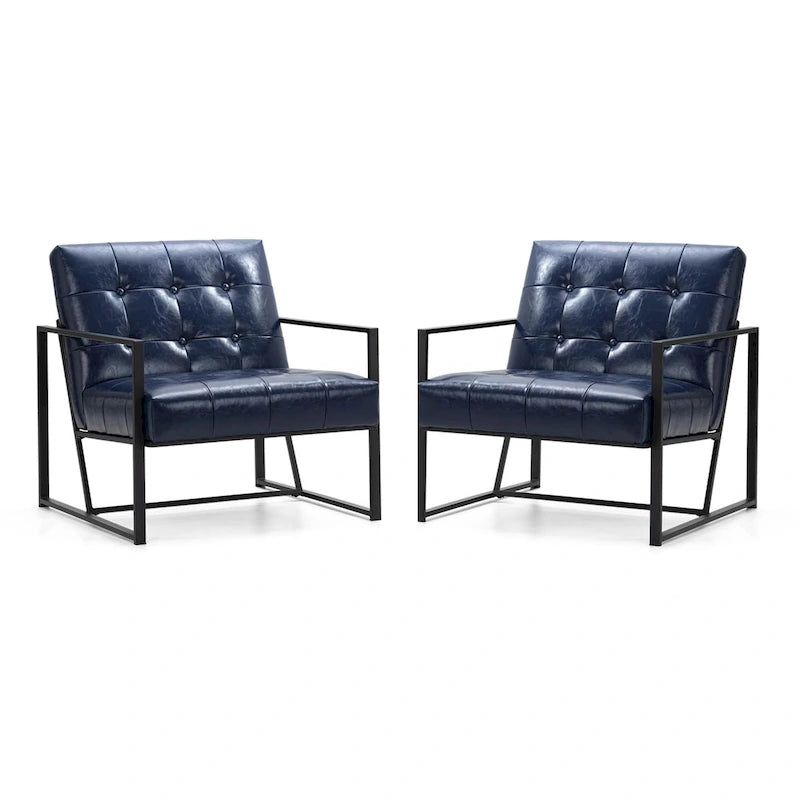 Fauteuil d'appoint capitonné en cuir synthétique, style milieu de siècle, lot de 2 – Noir / Marron / Vert / Beige / Camel / Crème / Marine