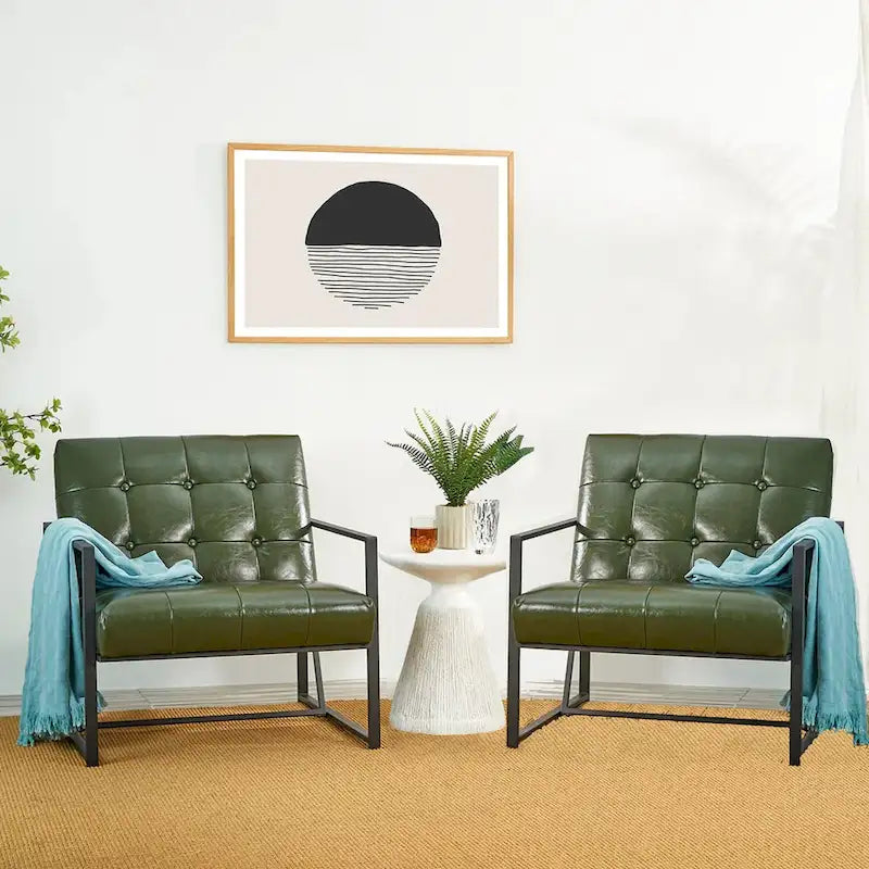 Fauteuil d'appoint capitonné en cuir synthétique, style milieu de siècle, lot de 2 – Noir / Marron / Vert / Beige / Camel / Crème / Marine