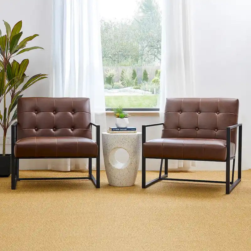 Fauteuil d'appoint capitonné en cuir synthétique, style milieu de siècle, lot de 2 – Noir / Marron / Vert / Beige / Camel / Crème / Marine