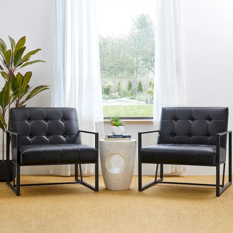Fauteuil d'appoint capitonné en cuir synthétique, style milieu de siècle, lot de 2 – Noir / Marron / Vert / Beige / Camel / Crème / Marine