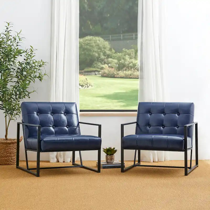 Fauteuil d'appoint capitonné en cuir synthétique, style milieu de siècle, lot de 2 – Noir / Marron / Vert / Beige / Camel / Crème / Marine