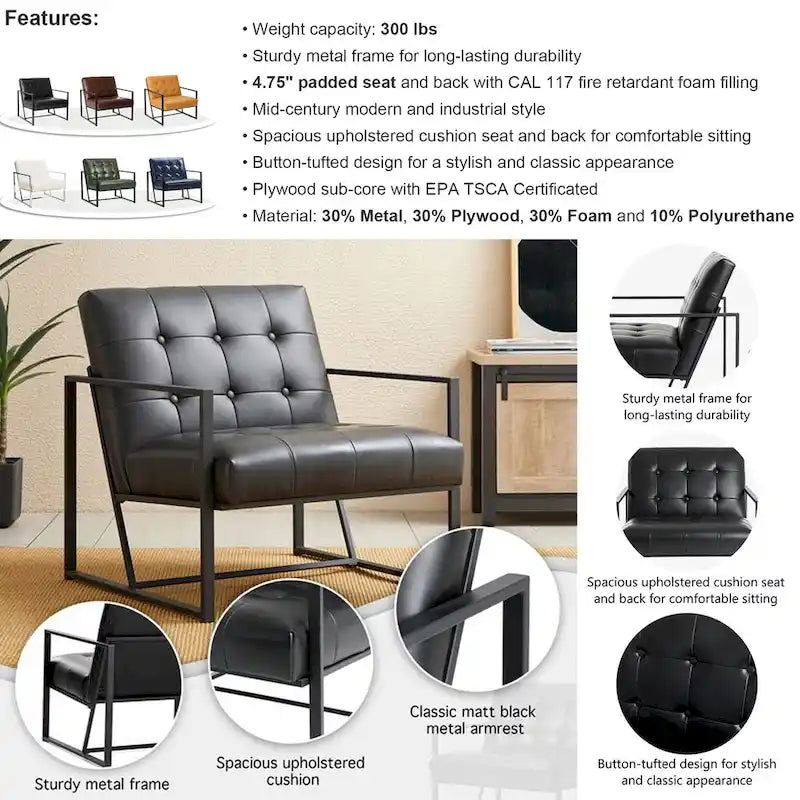 Fauteuil d'appoint capitonné en cuir synthétique, style milieu de siècle, lot de 2 – Noir / Marron / Vert / Beige / Camel / Crème / Marine