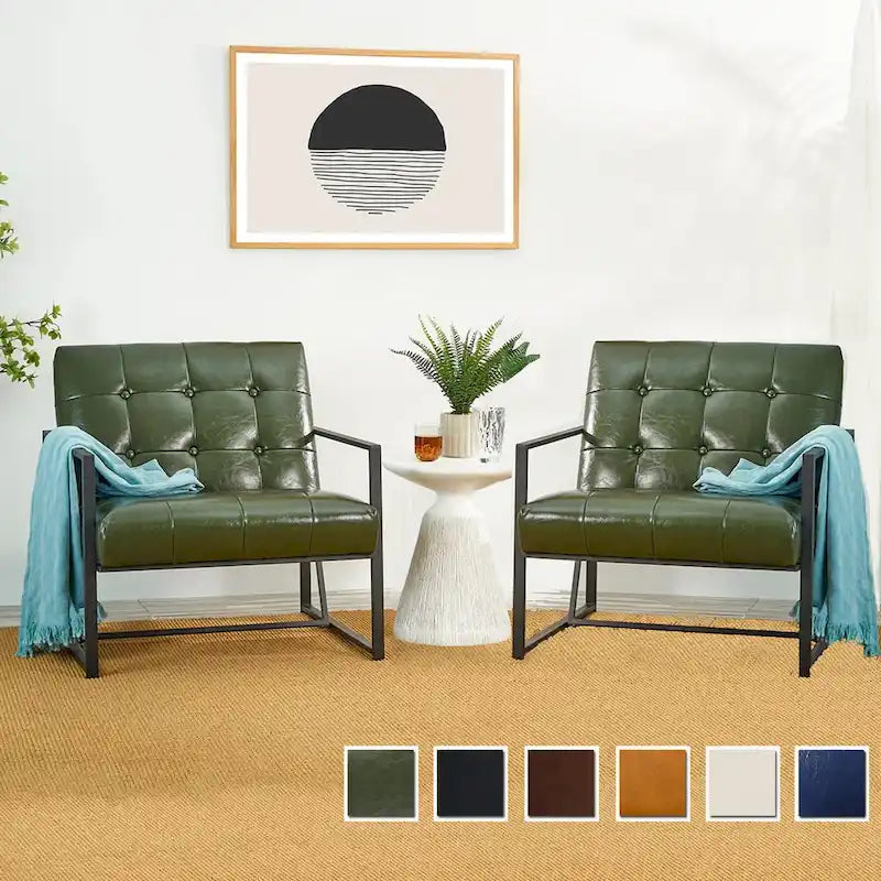 Fauteuil d'appoint capitonné en cuir synthétique, style milieu de siècle, lot de 2 – Noir / Marron / Vert / Beige / Camel / Crème / Marine