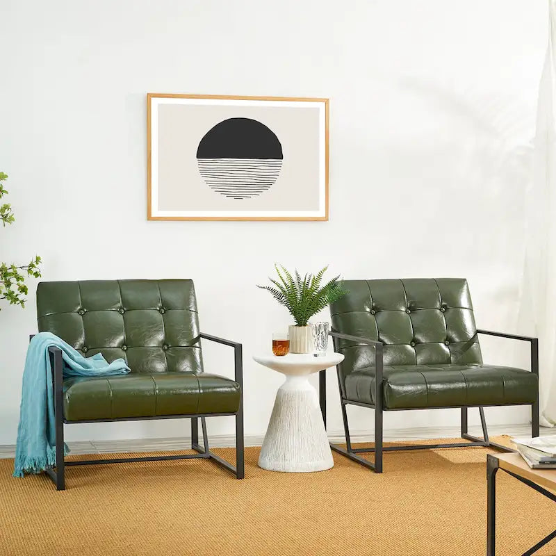 Fauteuil d'appoint capitonné en cuir synthétique, style milieu de siècle, lot de 2 – Noir / Marron / Vert / Beige / Camel / Crème / Marine