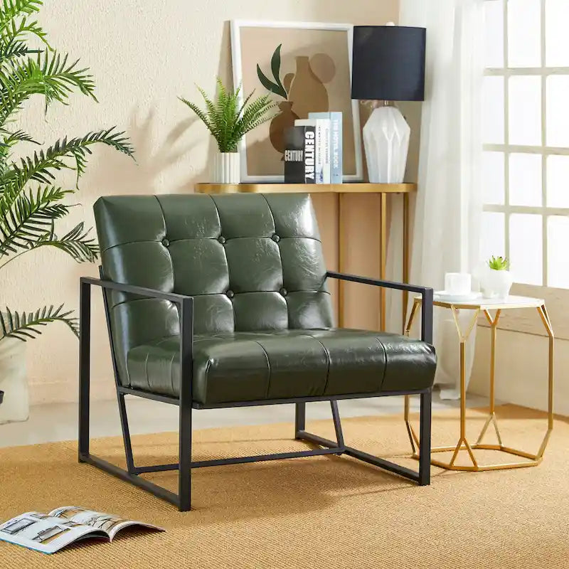 Fauteuil d'appoint capitonné en cuir synthétique, style milieu de siècle, lot de 2 – Noir / Marron / Vert / Beige / Camel / Crème / Marine
