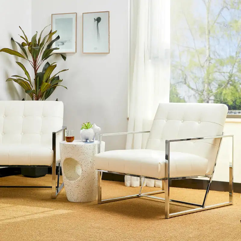 Fauteuil d'appoint capitonné en cuir synthétique, style milieu de siècle, lot de 2 – Noir / Marron / Vert / Beige / Camel / Crème / Marine