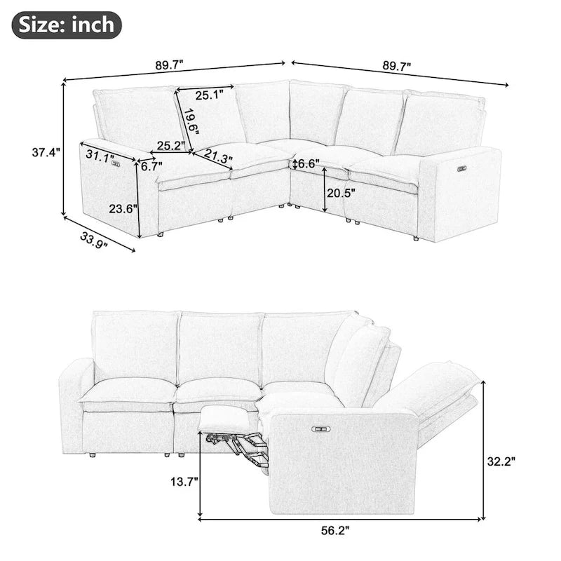 Fauteuil inclinable électrique, canapé d'angle en lin en forme de L, fauteuil moelleux pour cinéma maison avec port USB pour salon