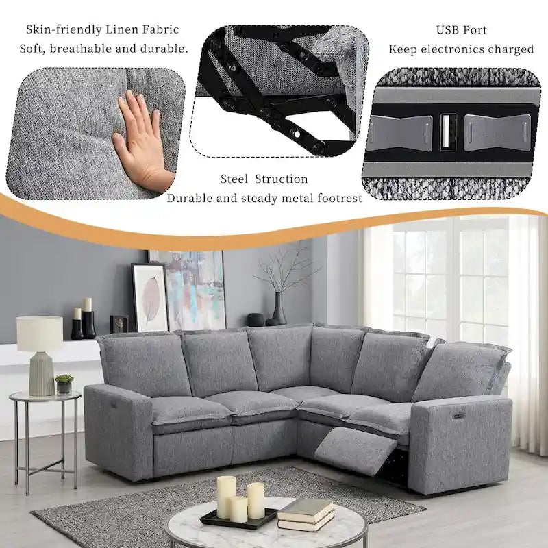 Fauteuil inclinable électrique, canapé d'angle en lin en forme de L, fauteuil moelleux pour cinéma maison avec port USB pour salon