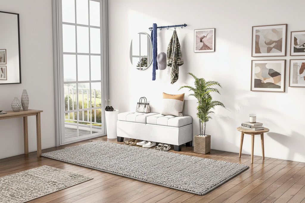 Banc de rangement – Crème / Gris / Bleu, 2 places, Rembourré