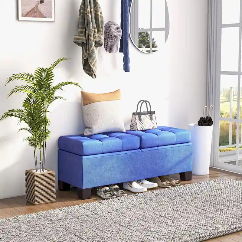 Banc de rangement – Crème / Gris / Bleu, 2 places, Rembourré