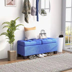 Banc de rangement – Crème / Gris / Bleu, 2 places, Rembourré