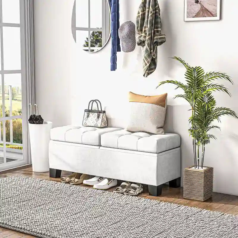 Banc de rangement – Crème / Gris / Bleu, 2 places, Rembourré