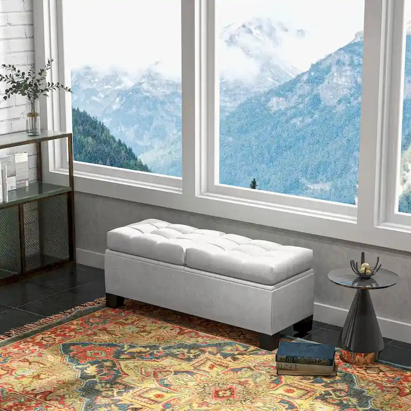 Banc de rangement – Crème / Gris / Bleu, 2 places, Rembourré