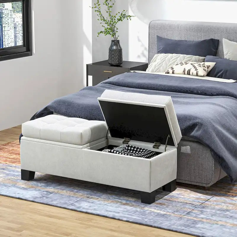 Banc de rangement – Crème / Gris / Bleu, 2 places, Rembourré