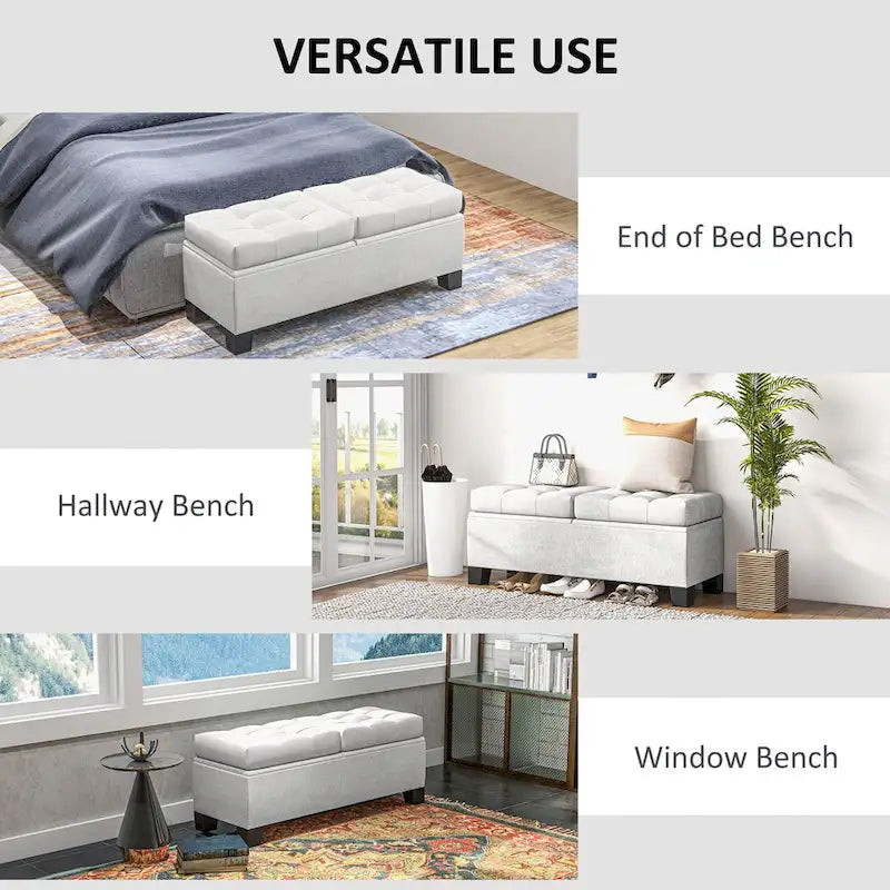 Banc de rangement – Crème / Gris / Bleu, 2 places, Rembourré