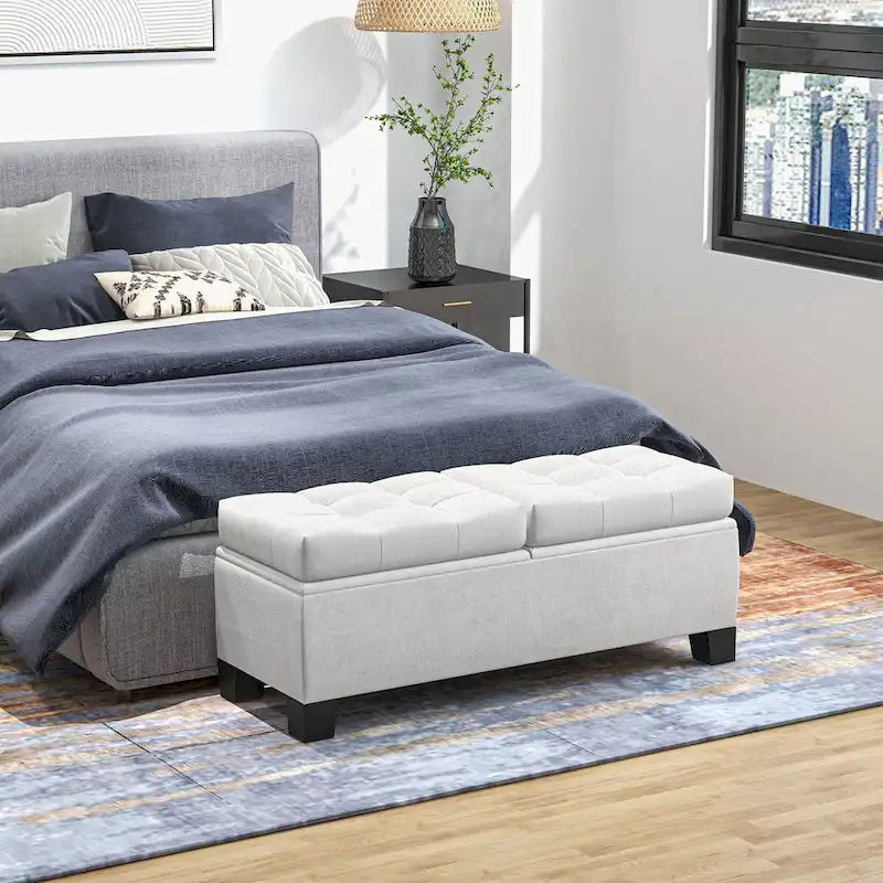 Banc de rangement – Crème / Gris / Bleu, 2 places, Rembourré