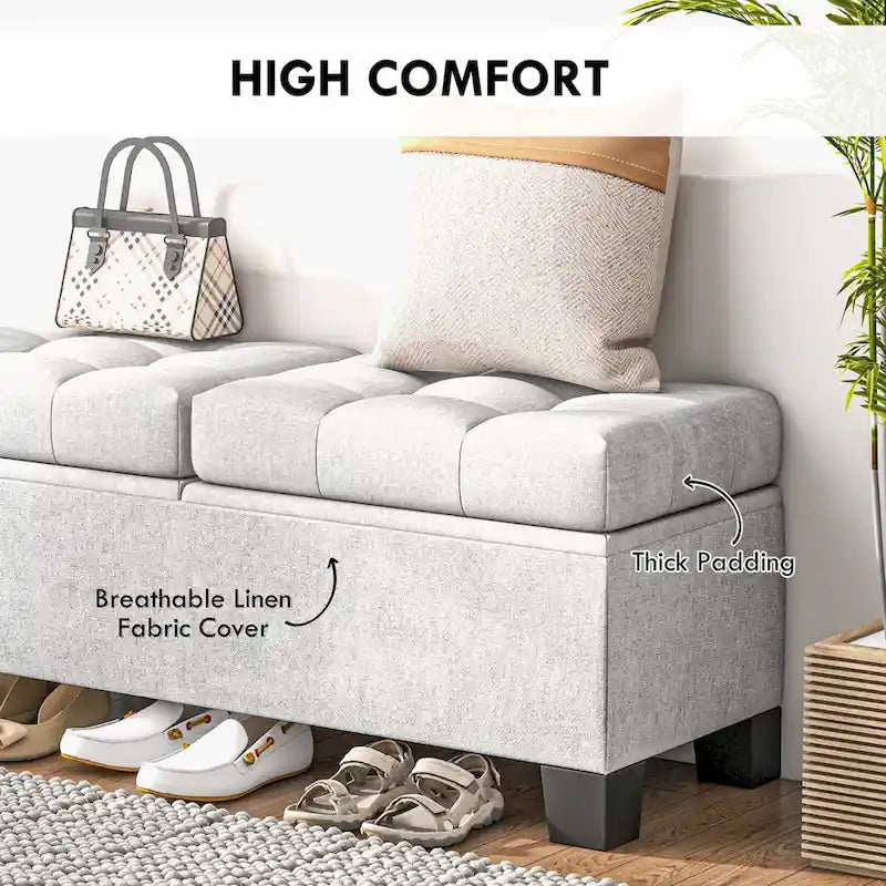 Banc de rangement – Crème / Gris / Bleu, 2 places, Rembourré