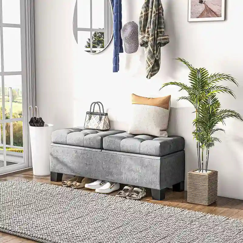 Banc de rangement – Crème / Gris / Bleu, 2 places, Rembourré