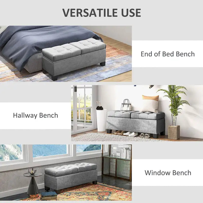 Banc de rangement – Crème / Gris / Bleu, 2 places, Rembourré