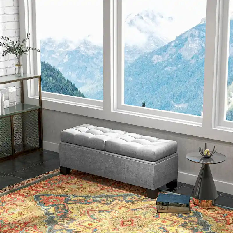 Banc de rangement – Crème / Gris / Bleu, 2 places, Rembourré