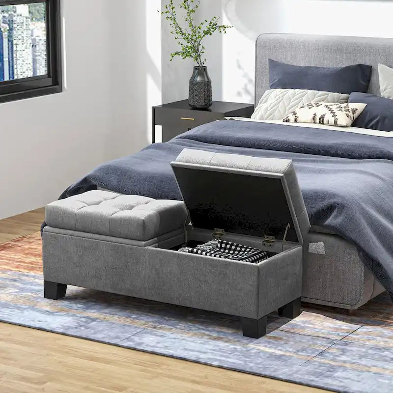 Banc de rangement – Crème / Gris / Bleu, 2 places, Rembourré