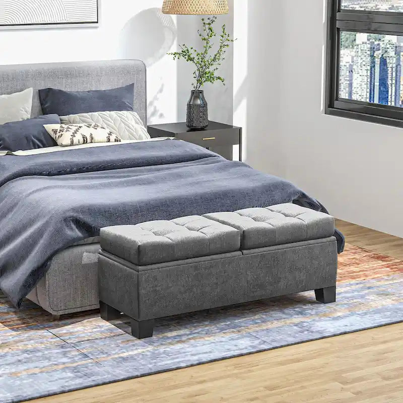 Banc de rangement – Crème / Gris / Bleu, 2 places, Rembourré