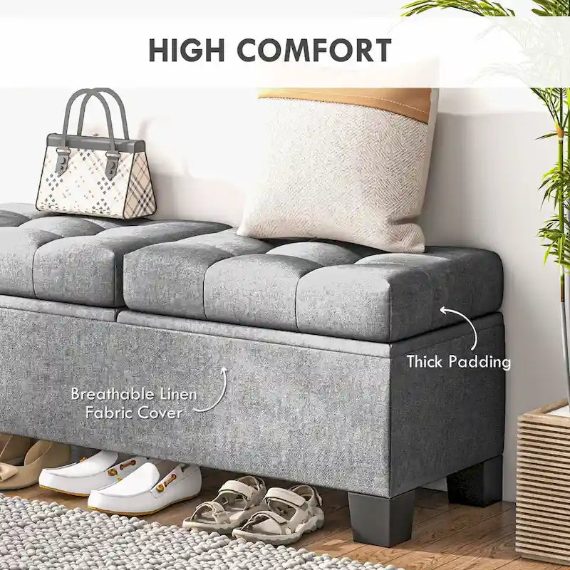 Banc de rangement – Crème / Gris / Bleu, 2 places, Rembourré