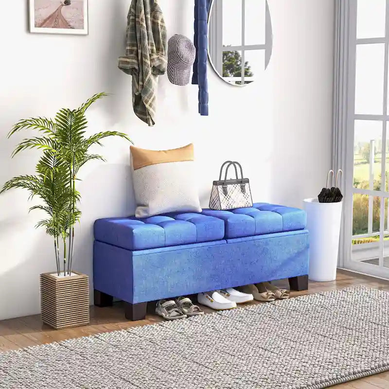 Banc de rangement – Crème / Gris / Bleu, 2 places, Rembourré