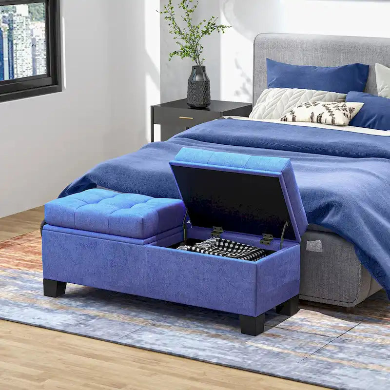 Banc de rangement – Crème / Gris / Bleu, 2 places, Rembourré