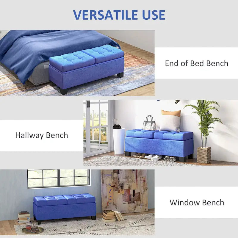 Banc de rangement – Crème / Gris / Bleu, 2 places, Rembourré