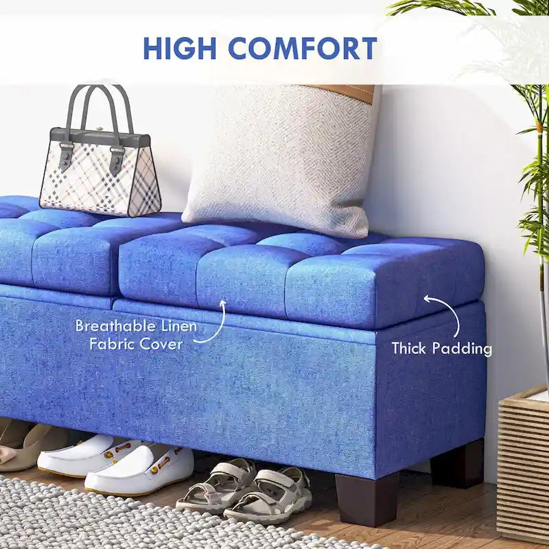 Banc de rangement – Crème / Gris / Bleu, 2 places, Rembourré