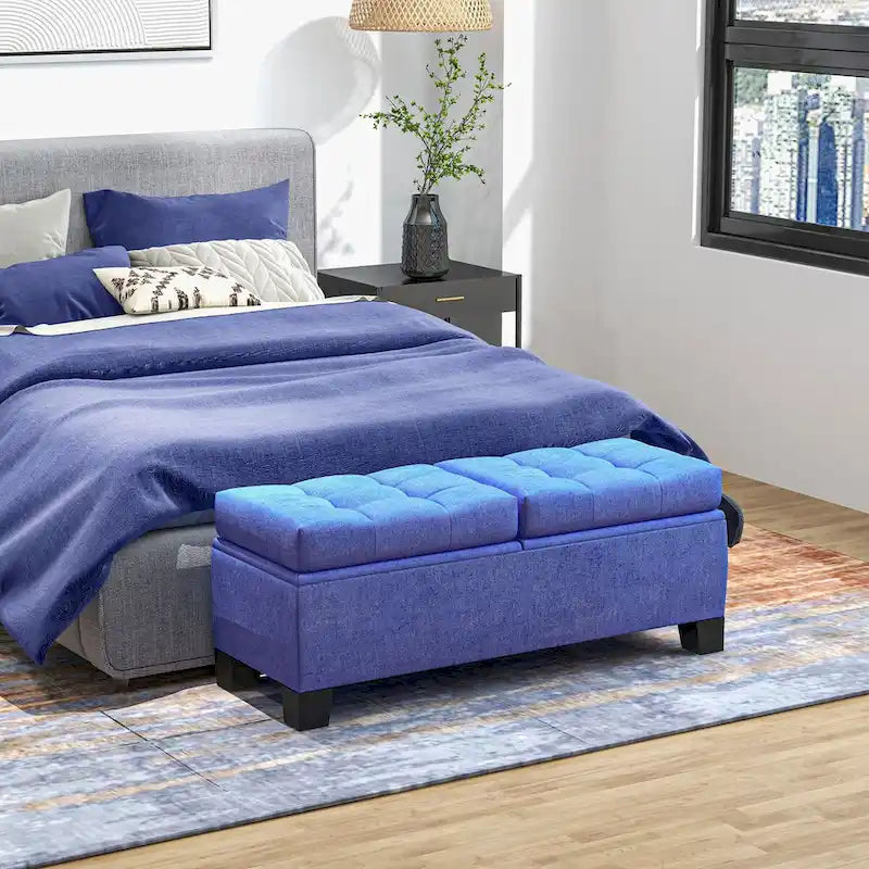 Banc de rangement – Crème / Gris / Bleu, 2 places, Rembourré